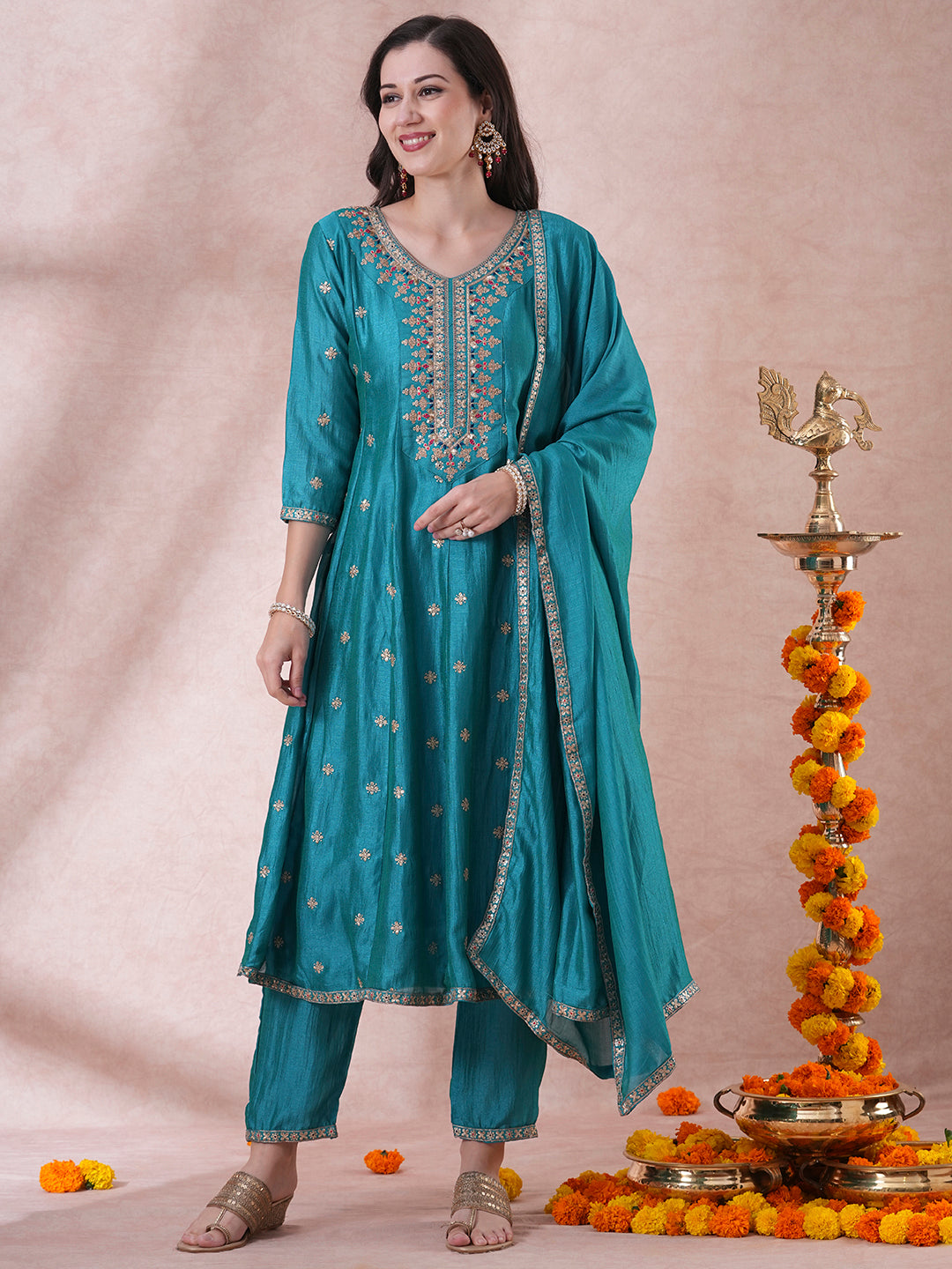 Ethnic Embroidered Anarkali Flared Kurta with Pant and Dupatta - Turquoise Blue