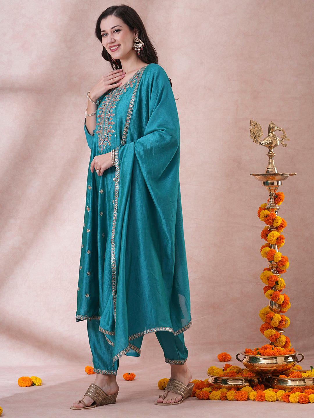 Ethnic Embroidered Anarkali Flared Kurta with Pant and Dupatta - Turquoise Blue