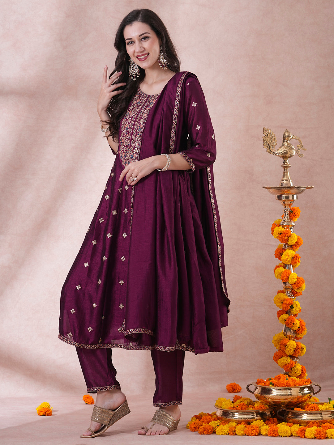 Ethnic Embroidered Anarkali Flared Kurta with Pant and Dupatta - Deep Purple