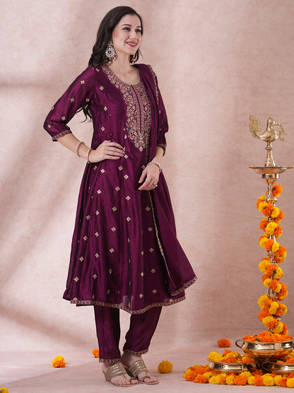 Ethnic Embroidered Anarkali Flared Kurta with Pant and Dupatta - Deep Purple