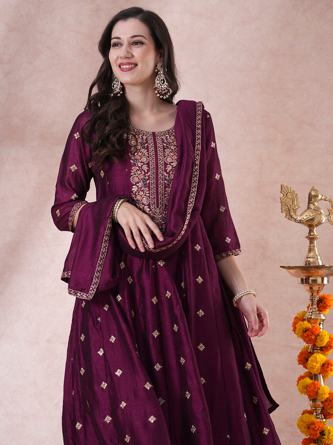 Ethnic Embroidered Anarkali Flared Kurta with Pant and Dupatta - Deep Purple