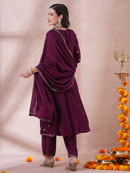 Ethnic Embroidered Anarkali Flared Kurta with Pant and Dupatta - Deep Purple