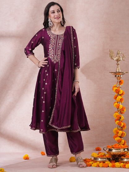 Ethnic Embroidered Anarkali Flared Kurta with Pant and Dupatta - Deep Purple