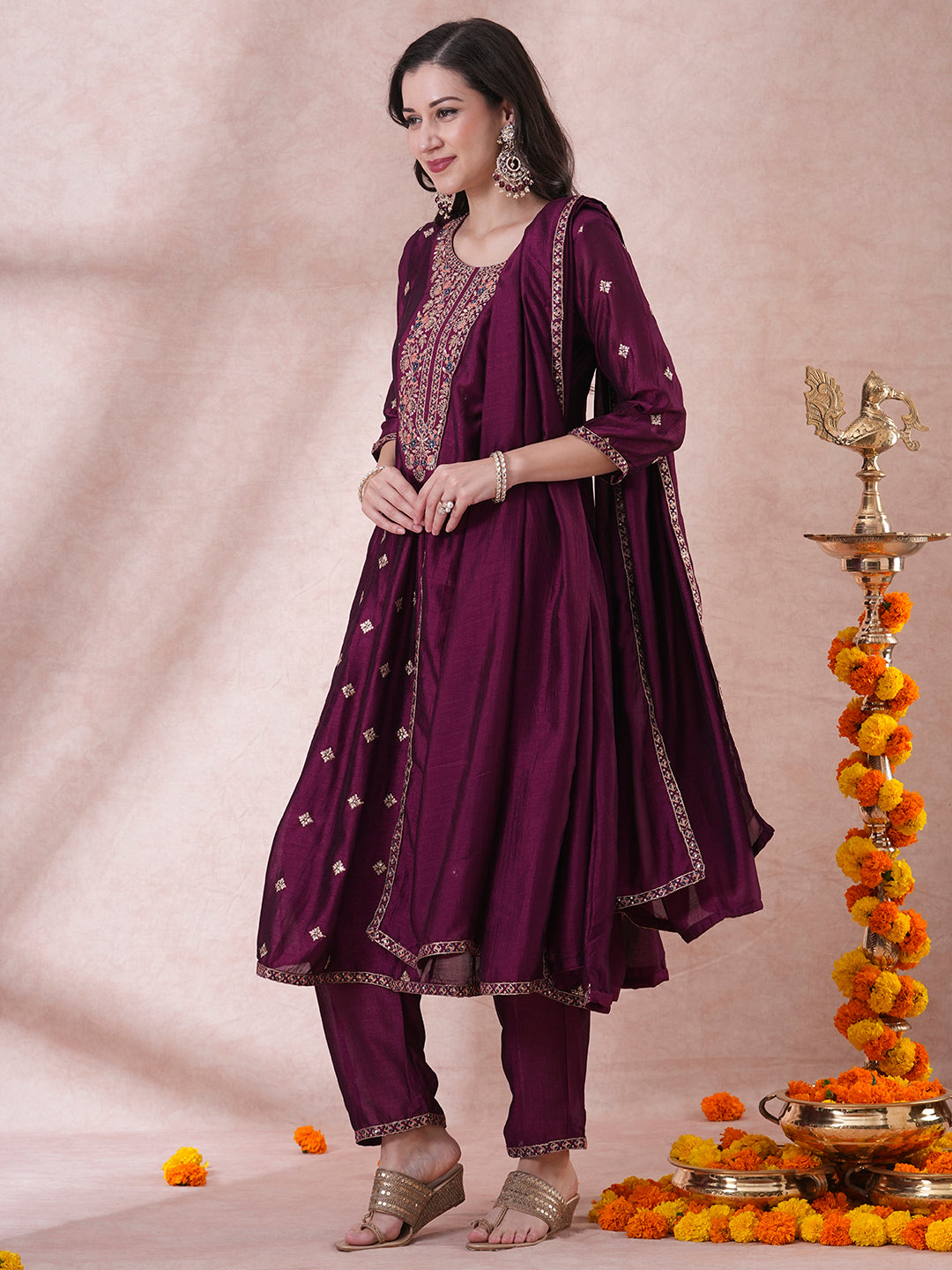 Ethnic Embroidered Anarkali Flared Kurta with Pant and Dupatta - Deep Purple