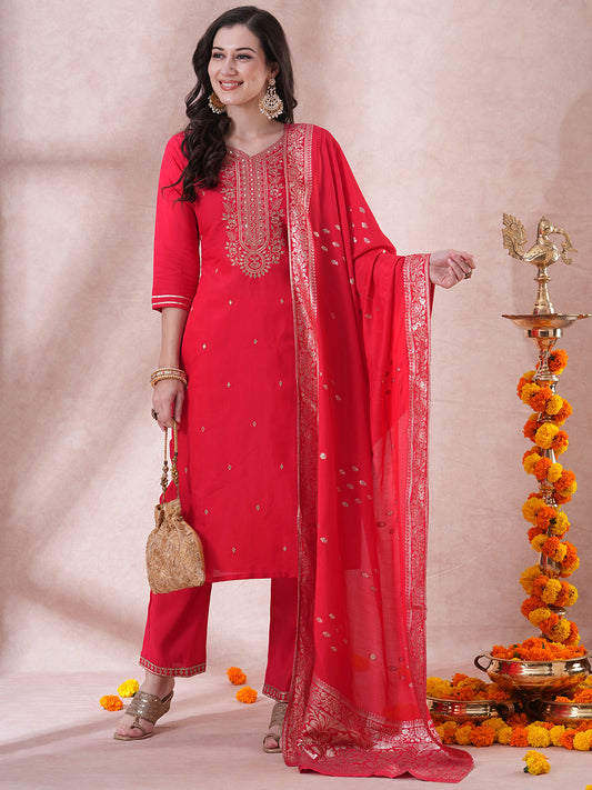 Solid Ethnic Embroidered Straight Fit Kurta with Pant and Dupatta - Red