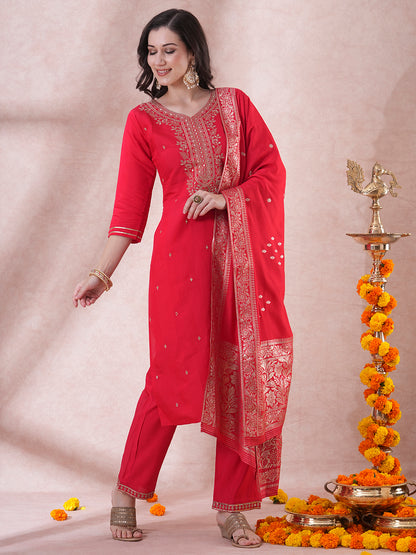 Solid Ethnic Embroidered Straight Fit Kurta with Pant and Dupatta - Red