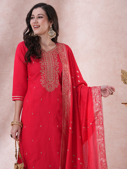 Solid Ethnic Embroidered Straight Fit Kurta with Pant and Dupatta - Red