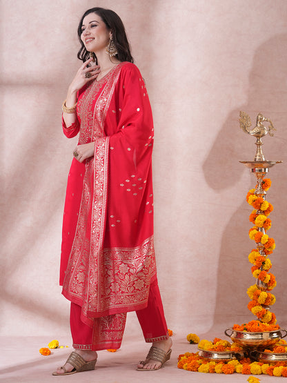 Solid Ethnic Embroidered Straight Fit Kurta with Pant and Dupatta - Red