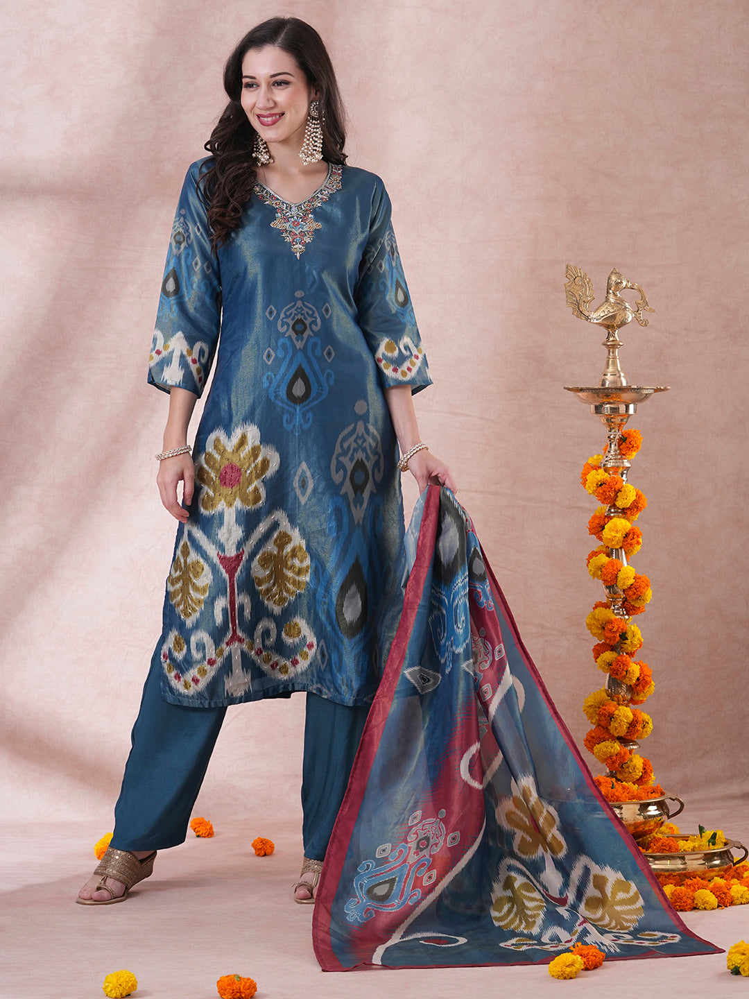 Ethnic Hand Embroidered Straight Cut Tissue Kurta with Palazzo & Dupatta - Sea Green