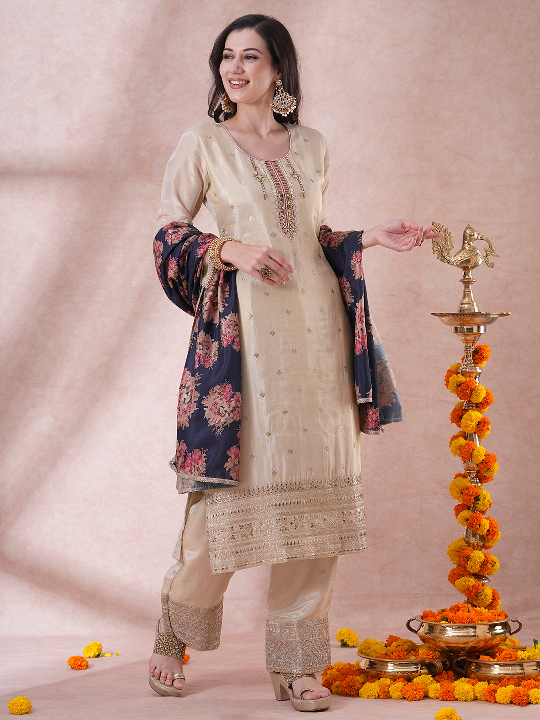 Ethnic Hand Embroidered Straight Cut Tissue Kurta with Palazzo & Dupatta - Cream