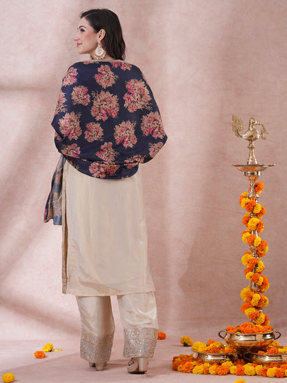 Ethnic Hand Embroidered Straight Cut Tissue Kurta with Palazzo & Dupatta - Cream