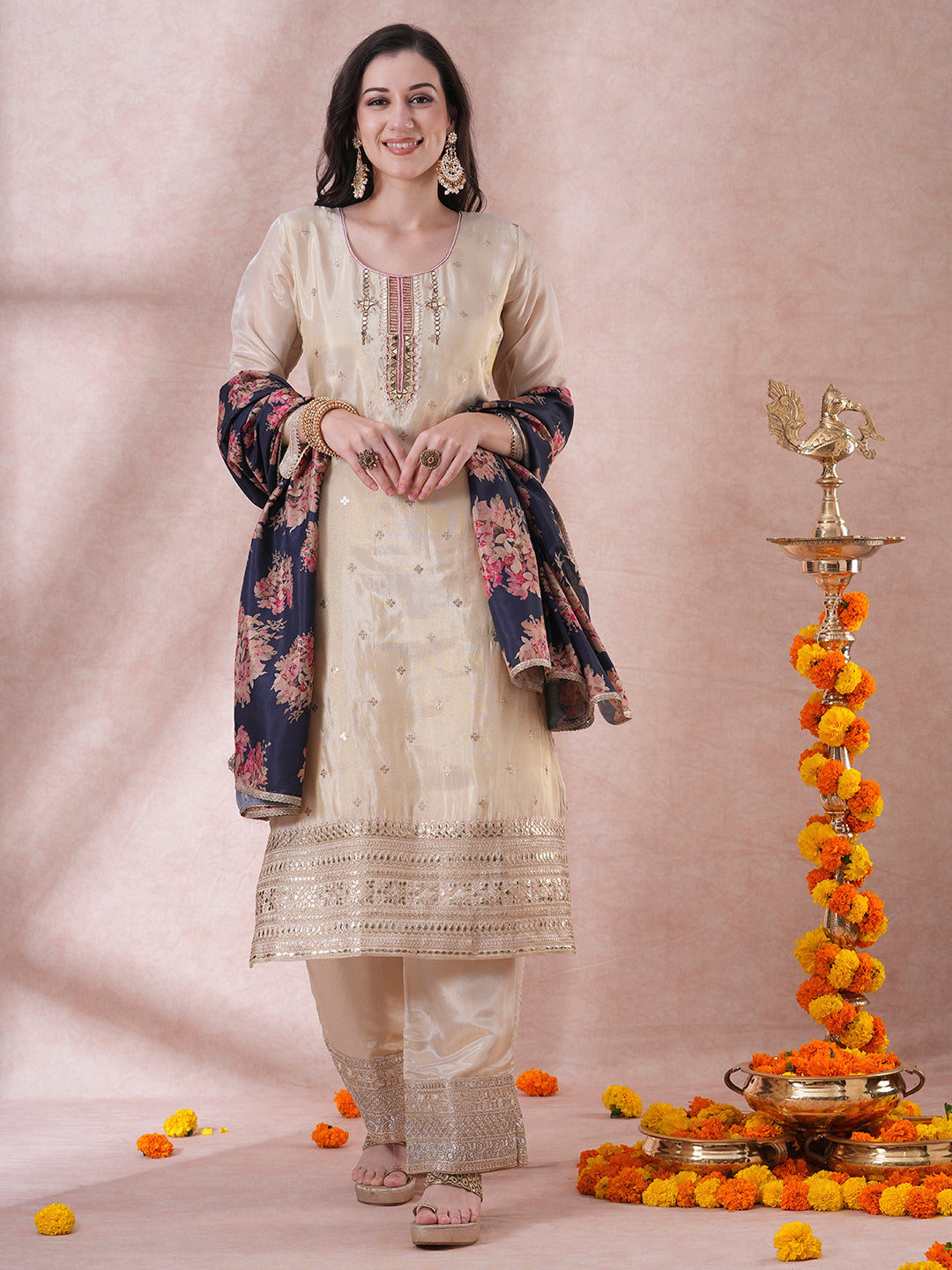 Ethnic Hand Embroidered Straight Cut Tissue Kurta with Palazzo & Dupatta - Cream