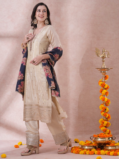 Ethnic Hand Embroidered Straight Cut Tissue Kurta with Palazzo & Dupatta - Cream