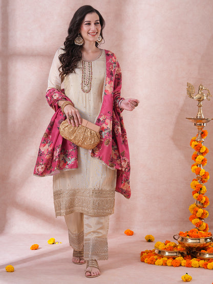 Ethnic Hand Embroidered Straight Cut Tissue Kurta with Palazzo & Dupatta - Cream