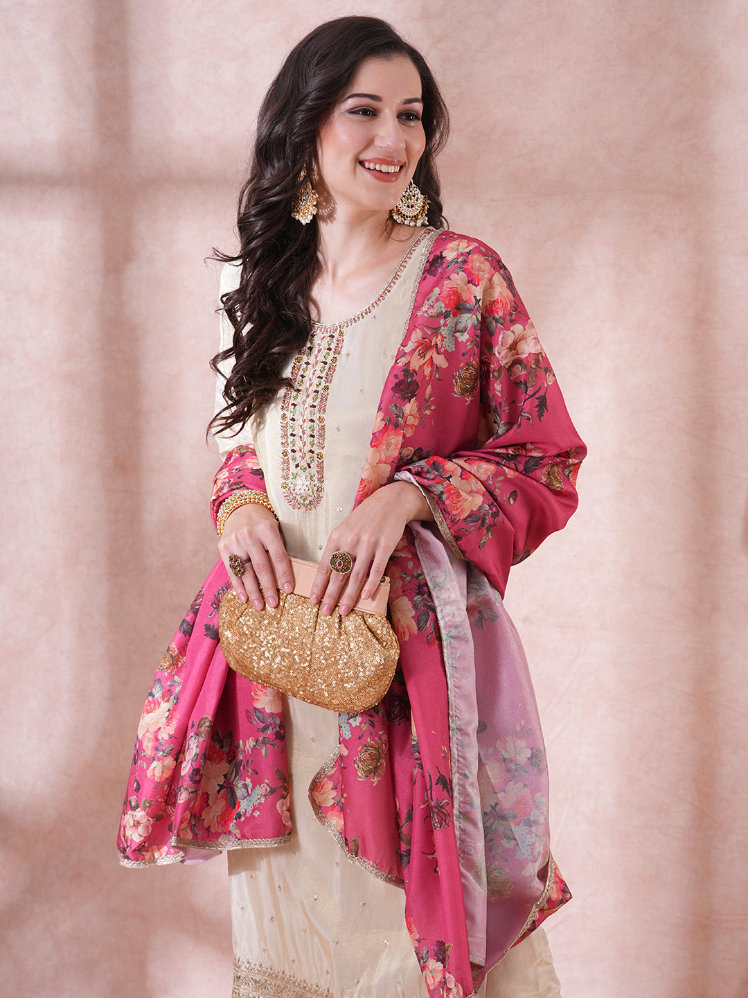 Ethnic Hand Embroidered Straight Cut Tissue Kurta with Palazzo & Dupatta - Cream