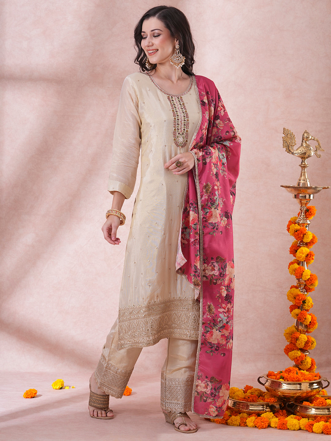 Ethnic Hand Embroidered Straight Cut Tissue Kurta with Palazzo & Dupatta - Cream