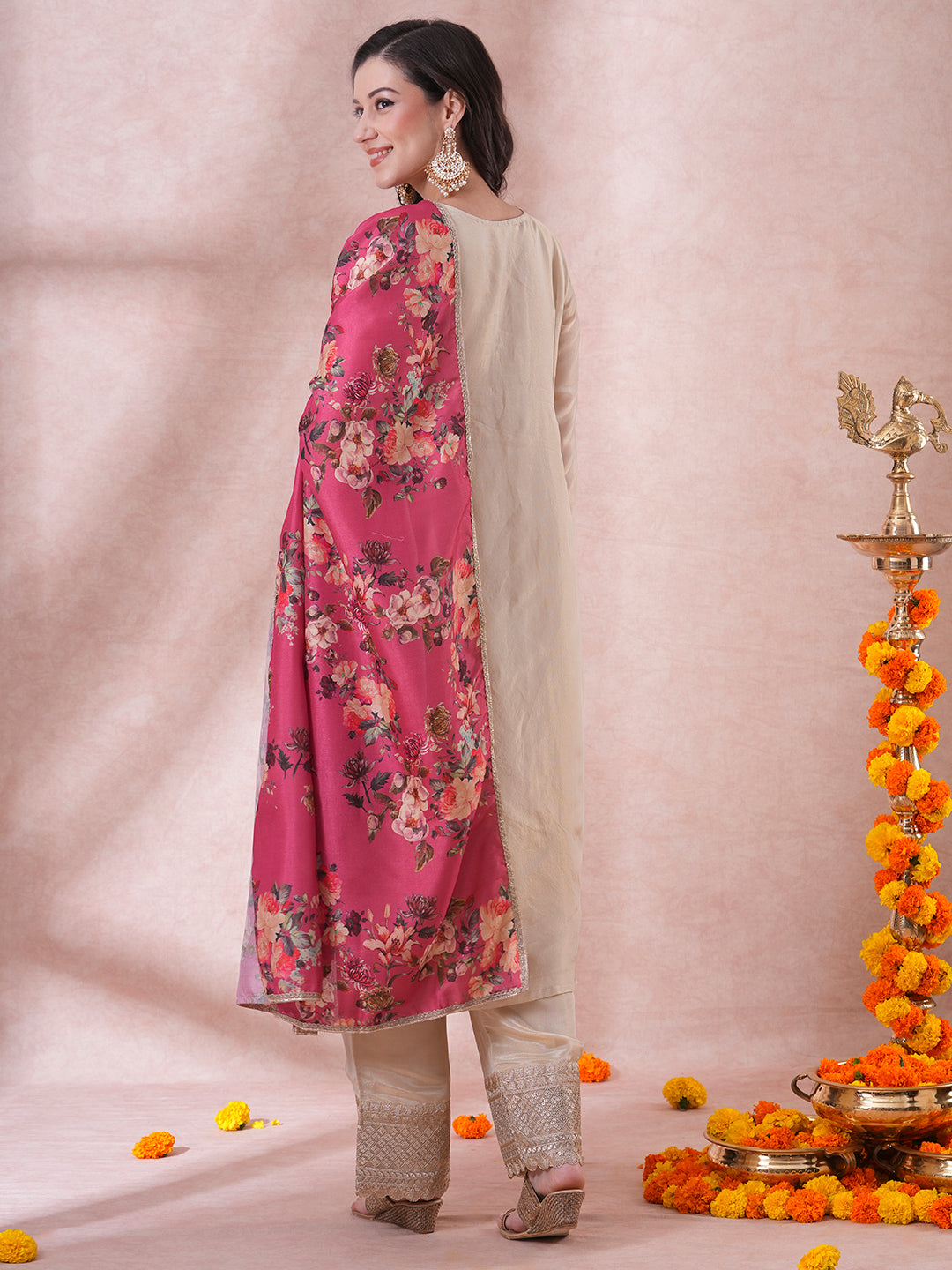 Ethnic Hand Embroidered Straight Cut Tissue Kurta with Palazzo & Dupatta - Cream