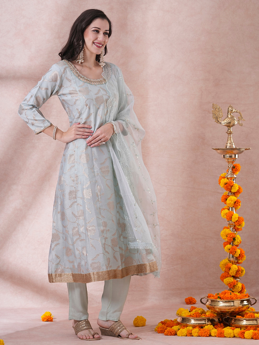 Ethnic Jacquard Woven & Hand Embroidered Anarkali with Pant & Dupatta - Mint Green