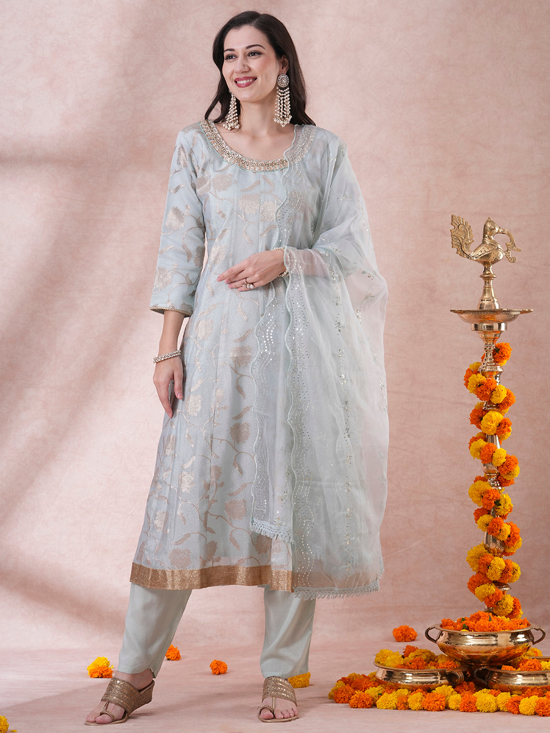 Ethnic Jacquard Woven & Hand Embroidered Anarkali with Pant & Dupatta - Mint Green