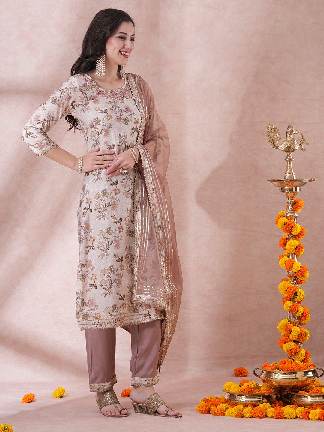 Ethnic Floral Foil Printed & Embroidered Straight Fit Kurta with Pant & Dupatta - Cream