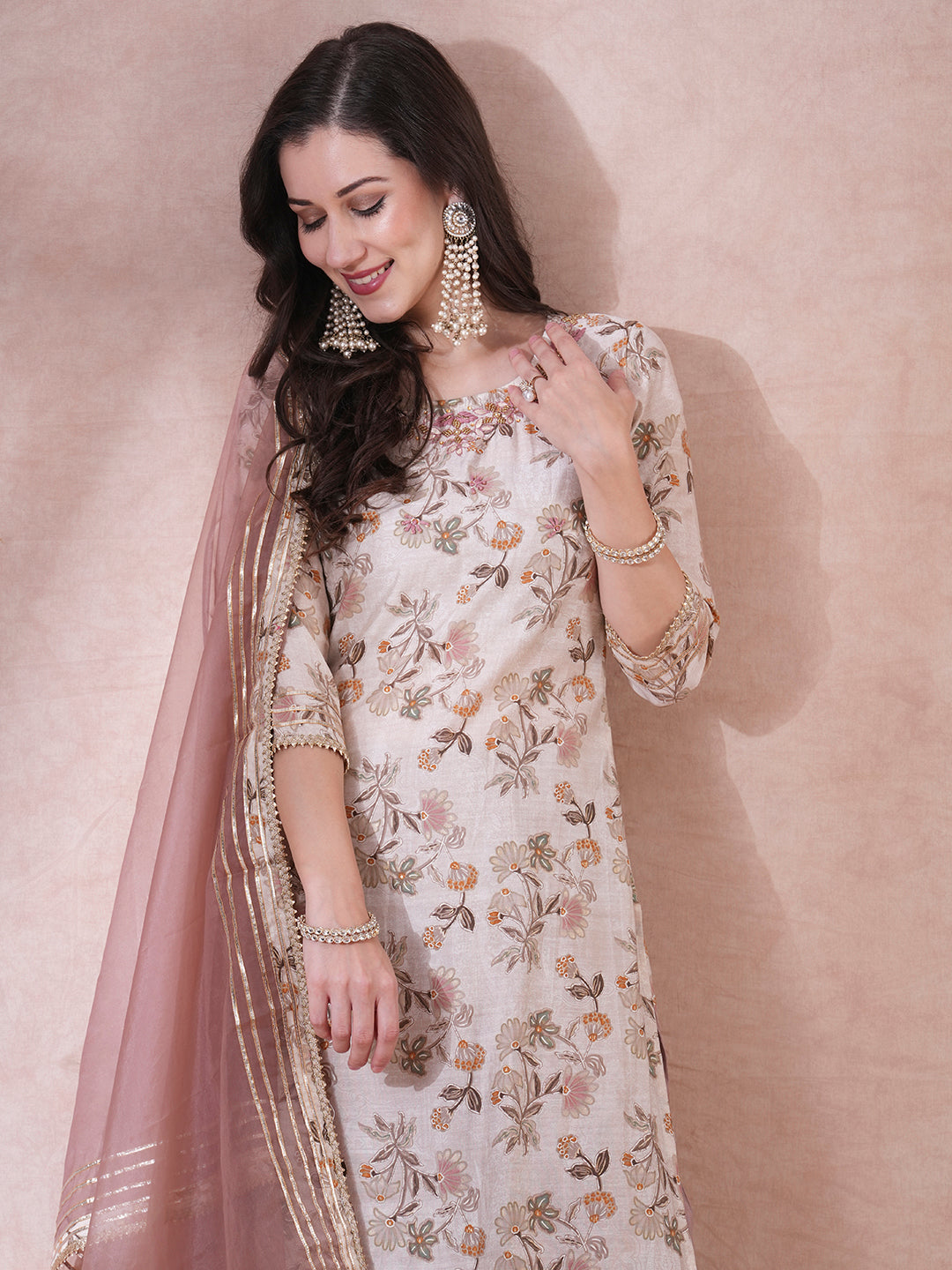 Ethnic Floral Foil Printed & Embroidered Straight Fit Kurta with Pant & Dupatta - Cream