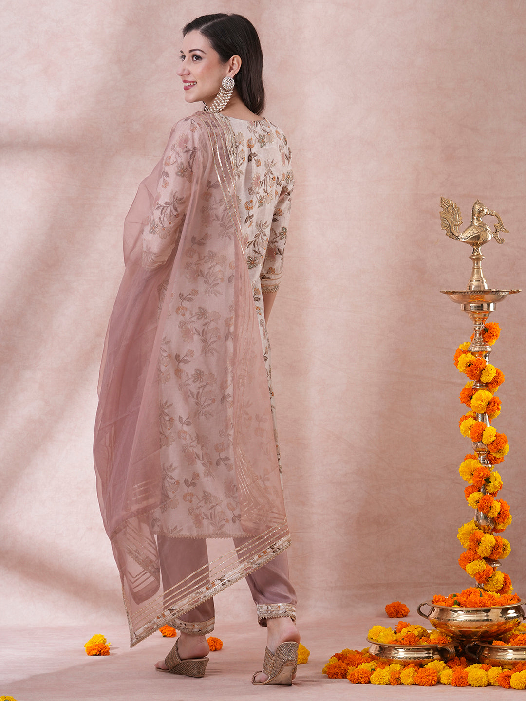 Ethnic Floral Foil Printed & Embroidered Straight Fit Kurta with Pant & Dupatta - Cream