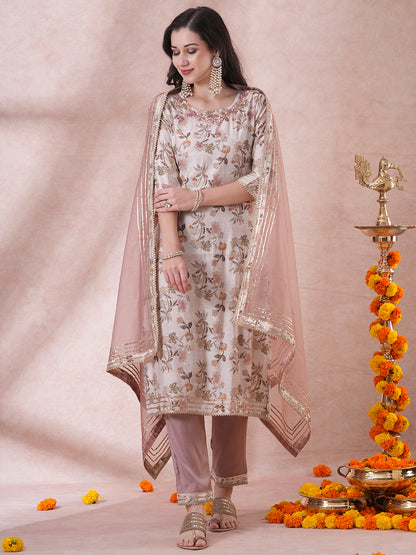 Ethnic Floral Foil Printed & Embroidered Straight Fit Kurta with Pant & Dupatta - Cream