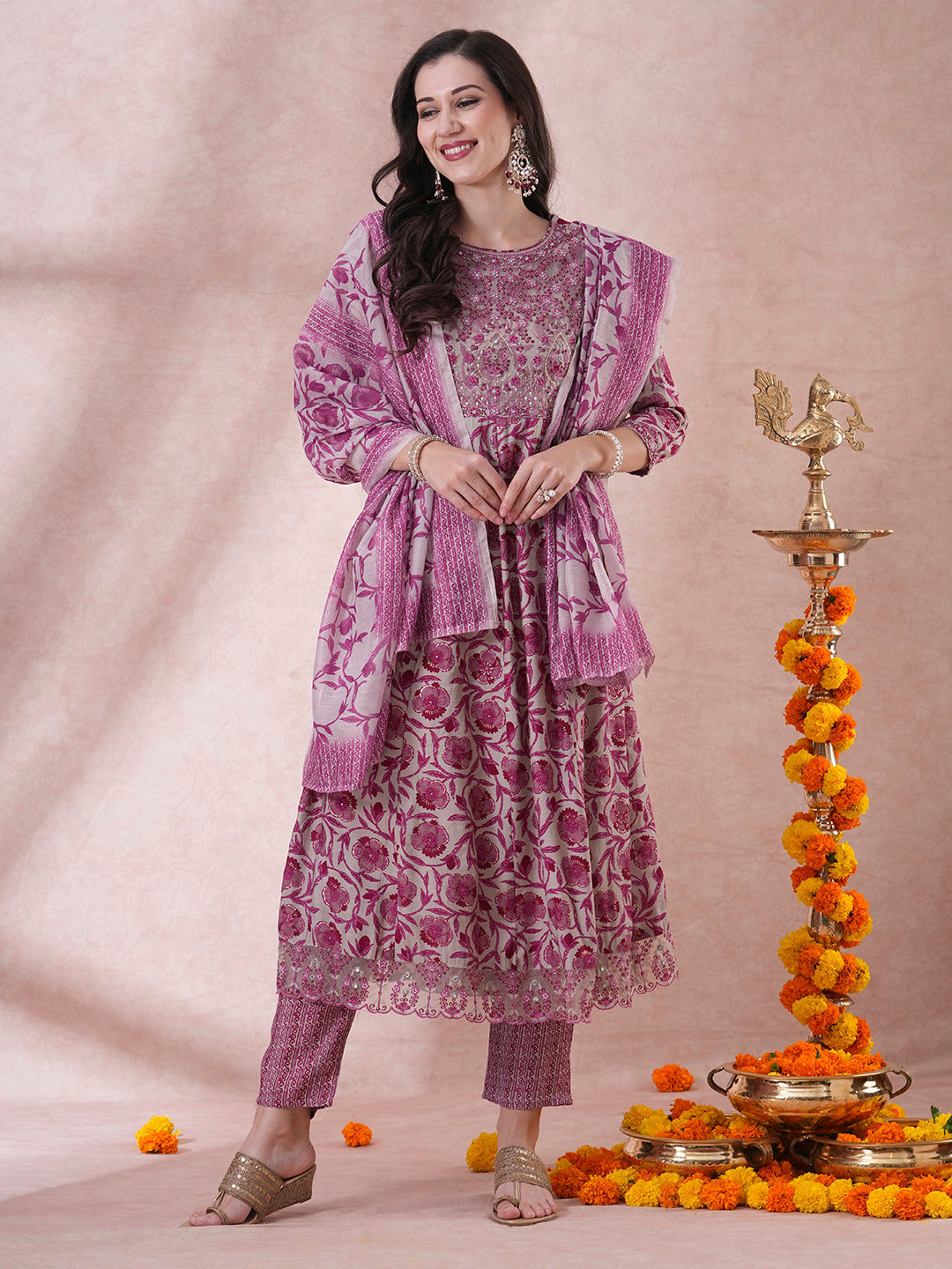 Floral Printed & Embroidered Anarkali Kurta with Pant & Dupatta - Multi