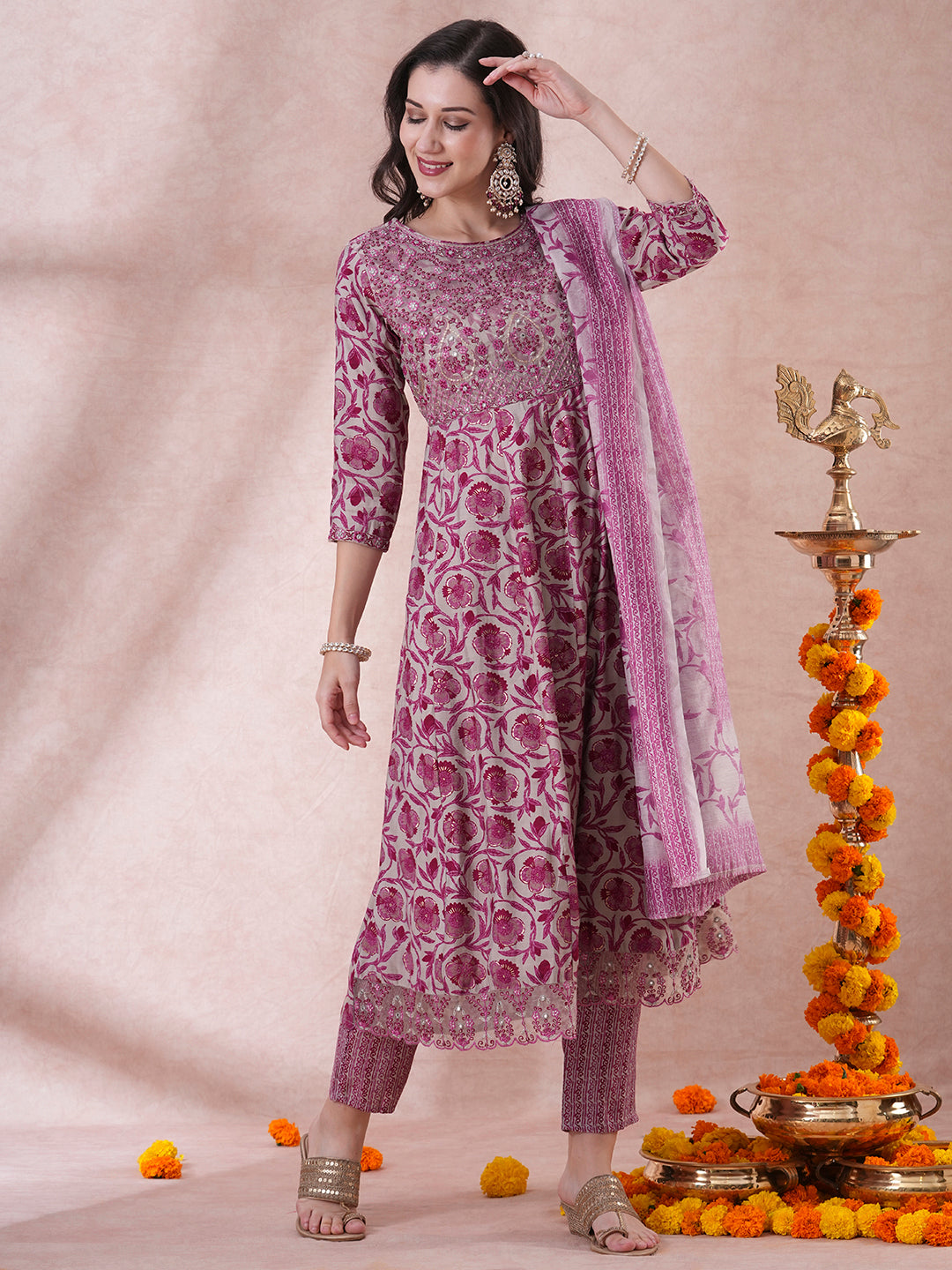 Floral Printed & Embroidered Anarkali Kurta with Pant & Dupatta - Multi