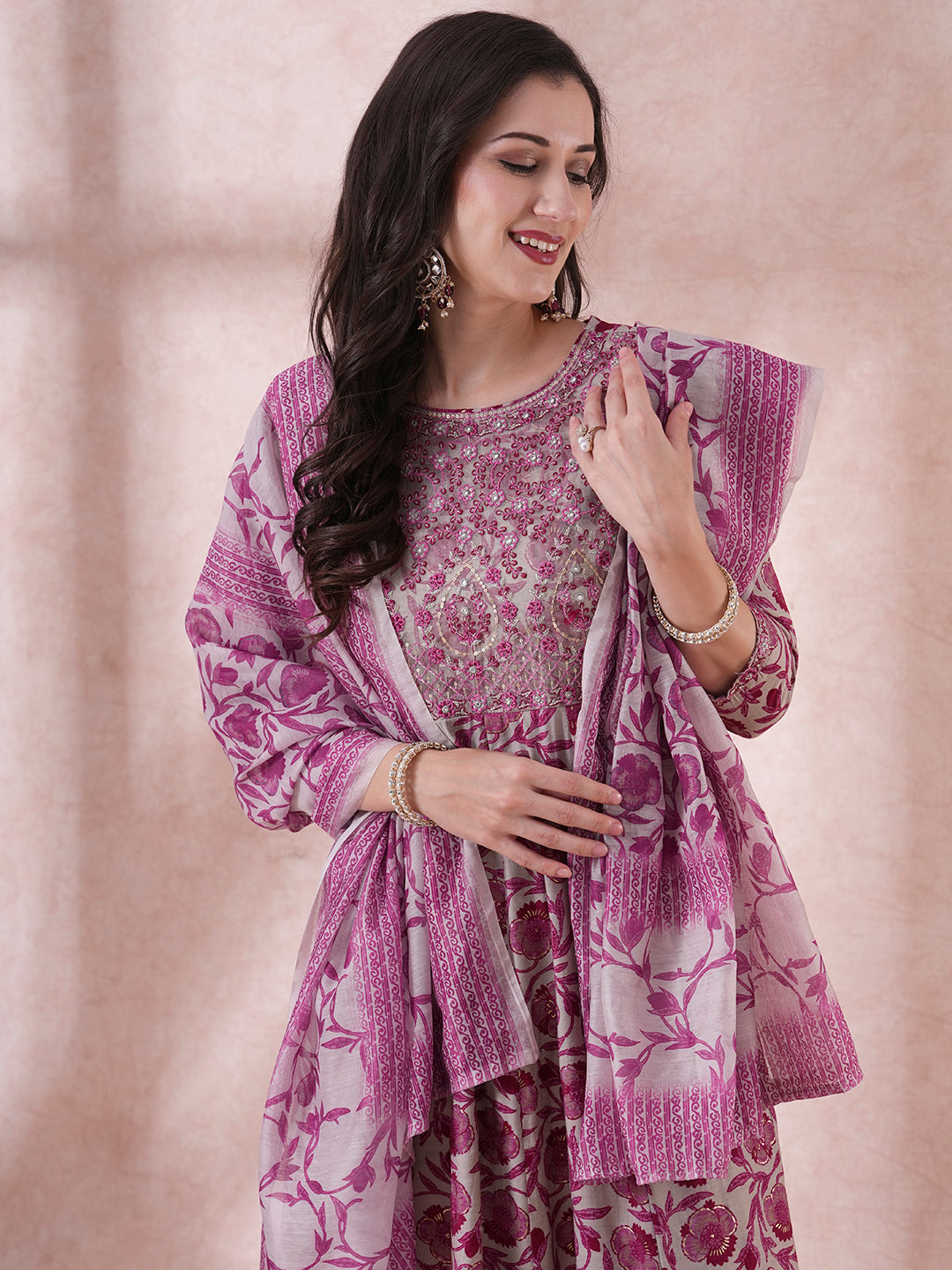 Floral Printed & Embroidered Anarkali Kurta with Pant & Dupatta - Multi