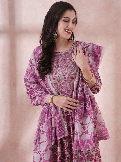 Floral Printed & Embroidered Anarkali Kurta with Pant & Dupatta - Multi