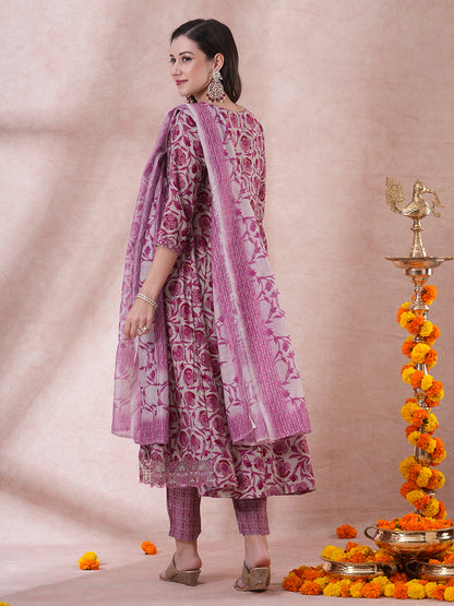 Floral Printed & Embroidered Anarkali Kurta with Pant & Dupatta - Multi