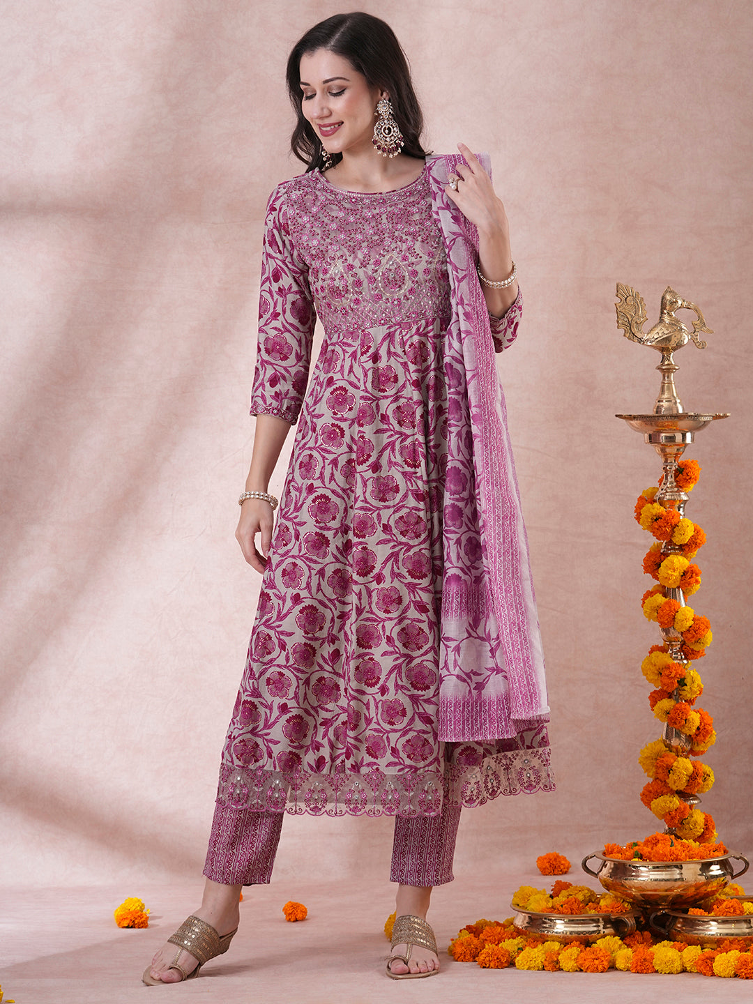 Floral Printed & Embroidered Anarkali Kurta with Pant & Dupatta - Multi