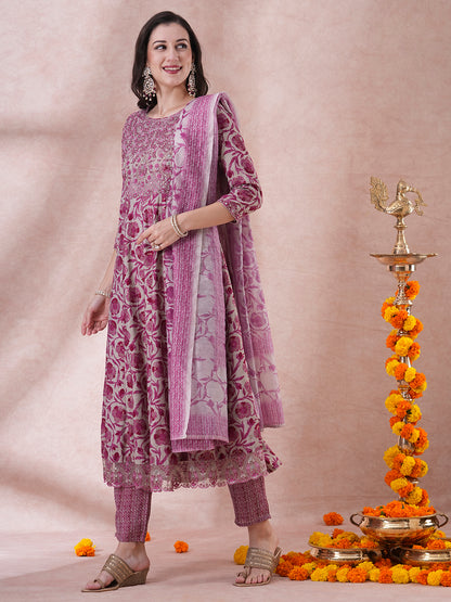 Floral Printed & Embroidered Anarkali Kurta with Pant & Dupatta - Multi