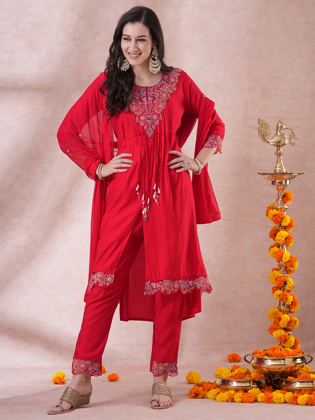 Solid Floral Embroidered A-Line Kurta with Pant and Dupatta - Red