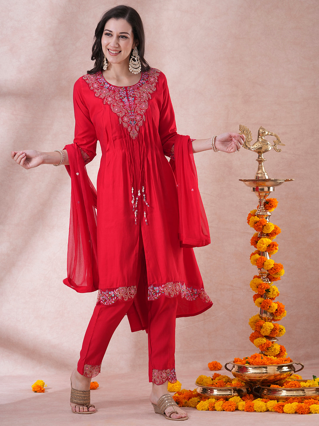 Solid Floral Embroidered A-Line Kurta with Pant and Dupatta - Red