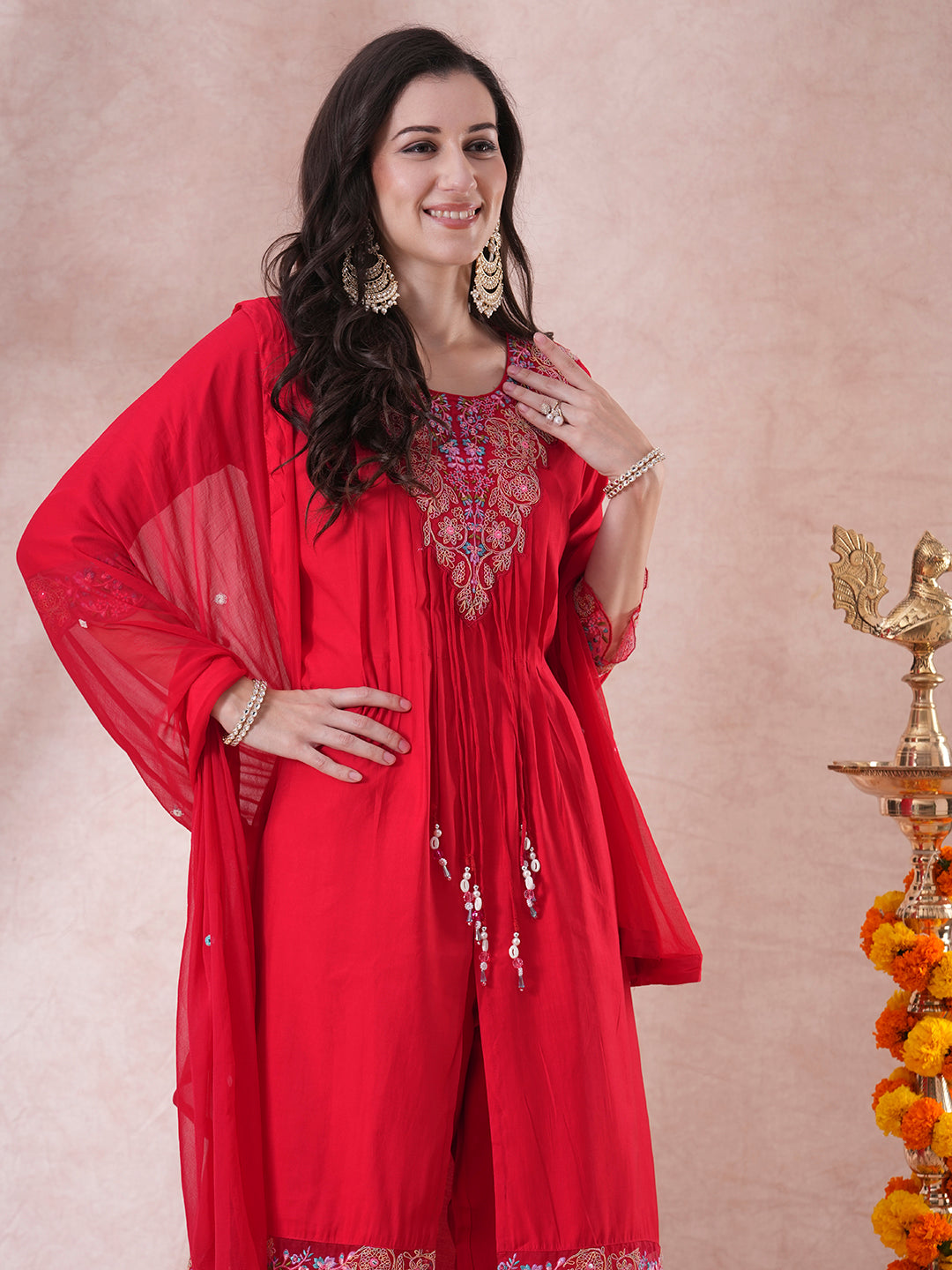 Solid Floral Embroidered A-Line Kurta with Pant and Dupatta - Red