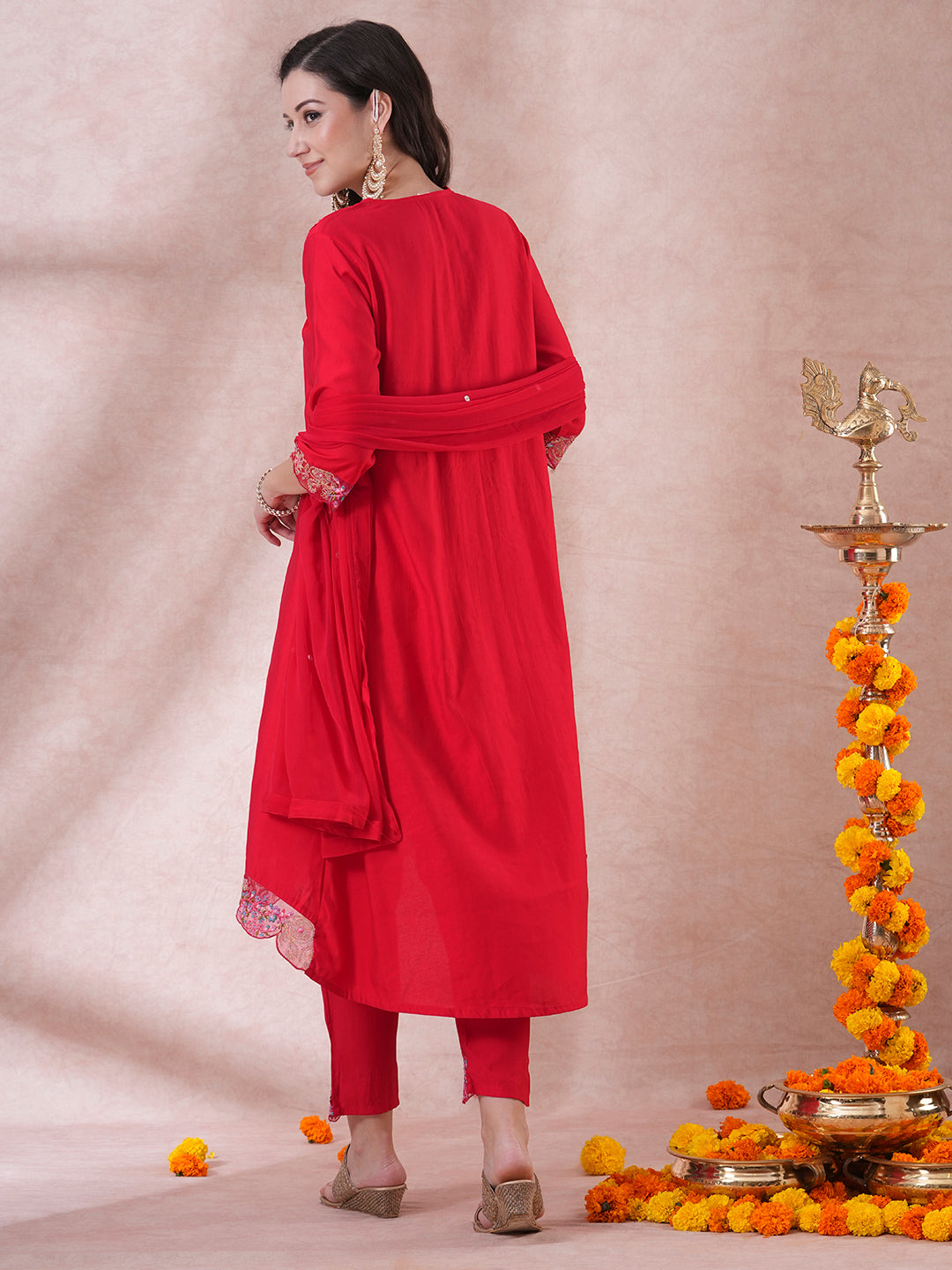 Solid Floral Embroidered A-Line Kurta with Pant and Dupatta - Red