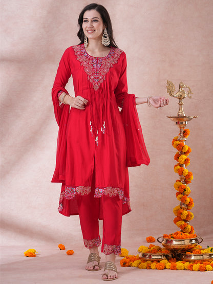 Solid Floral Embroidered A-Line Kurta with Pant and Dupatta - Red