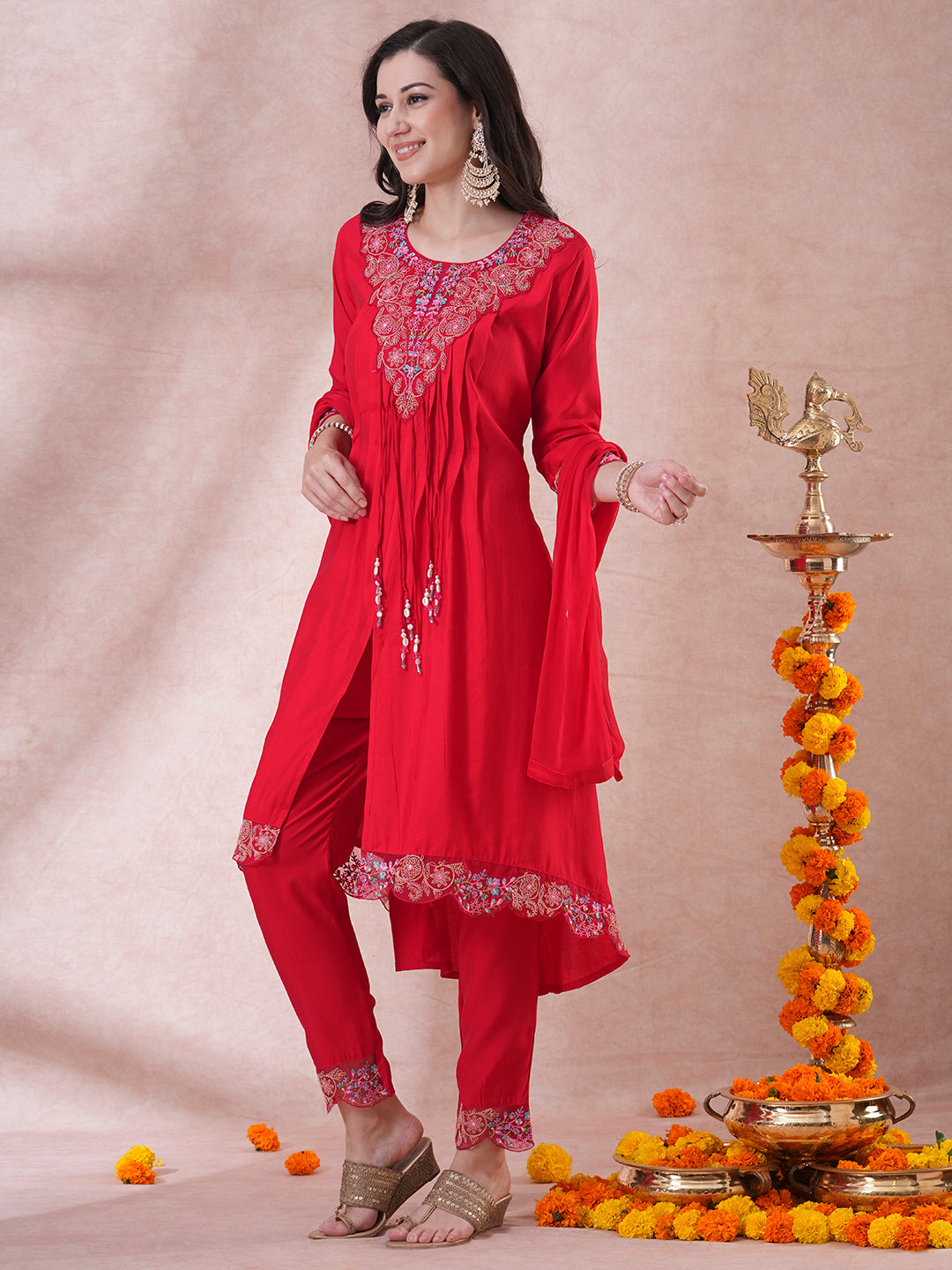 Solid Floral Embroidered A-Line Kurta with Pant and Dupatta - Red