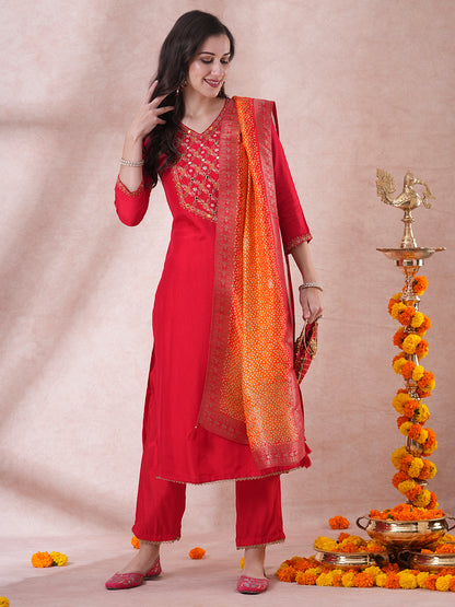 Solid Floral Embroidered Straight Fit Kurta with Pant & Dupatta - Red