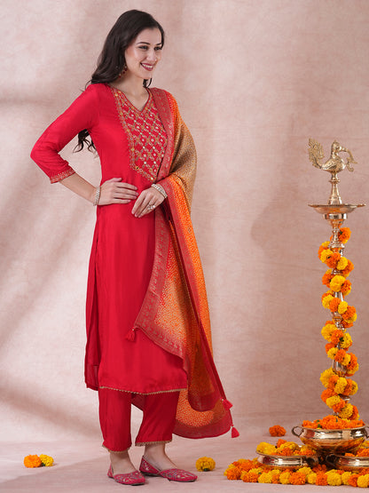 Solid Floral Embroidered Straight Fit Kurta with Pant & Dupatta - Red