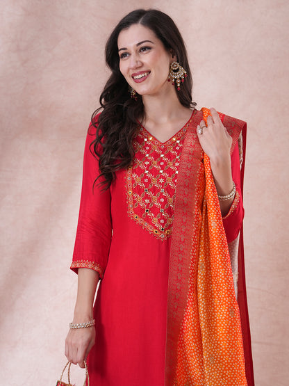 Solid Floral Embroidered Straight Fit Kurta with Pant & Dupatta - Red