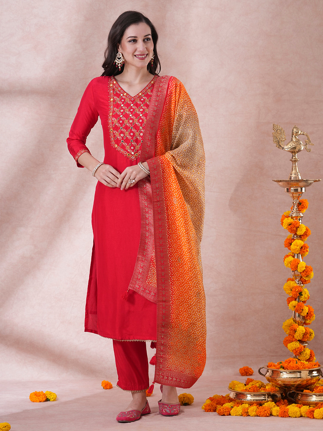 Solid Floral Embroidered Straight Fit Kurta with Pant & Dupatta - Red