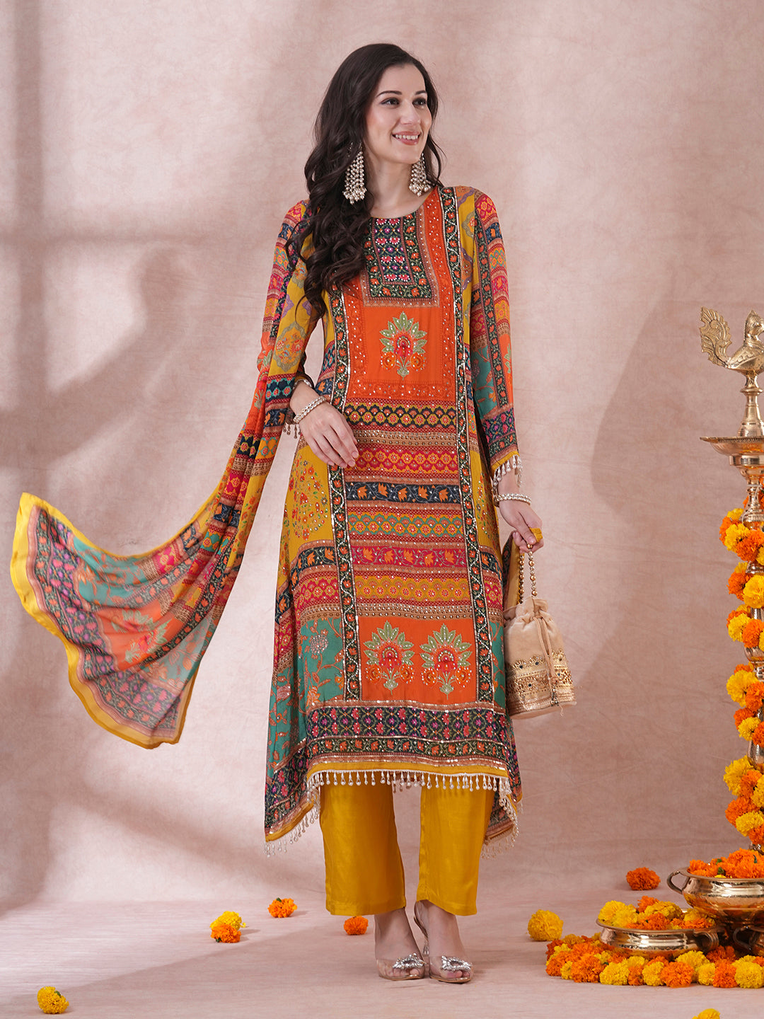 Ethnic Floral Printed & Embroidered A-Line Kurta with Palazzo & Dupatta - Multi