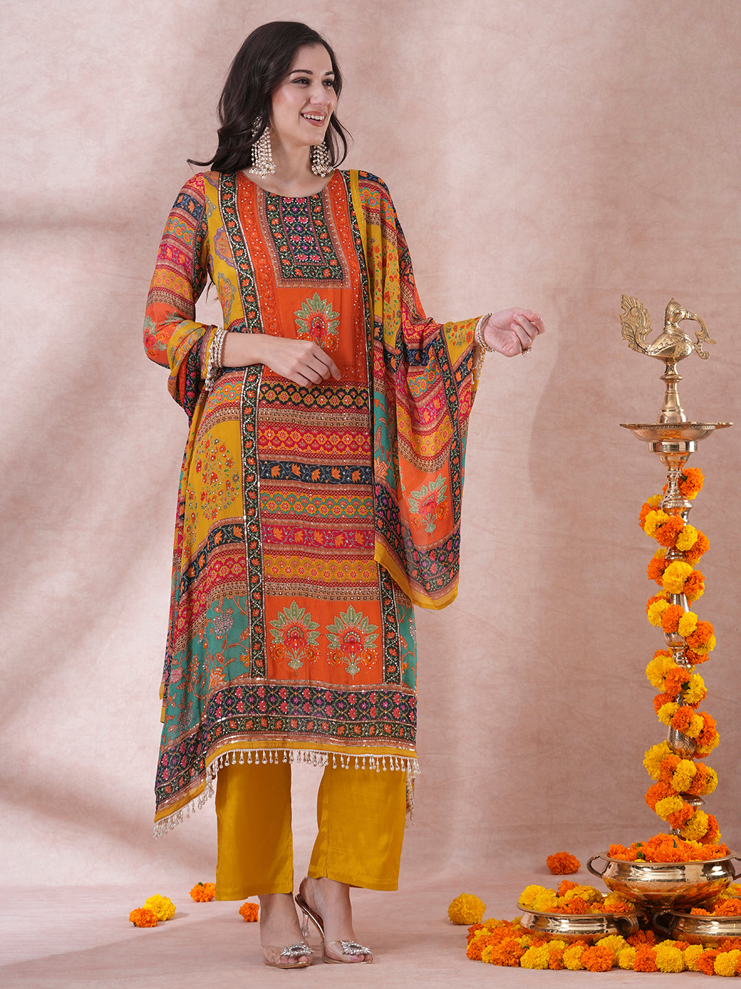 Ethnic Floral Printed & Embroidered A-Line Kurta with Palazzo & Dupatta - Multi