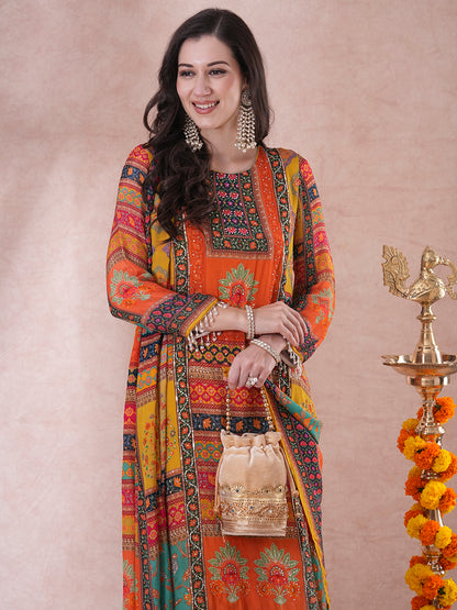 Ethnic Floral Printed & Embroidered A-Line Kurta with Palazzo & Dupatta - Multi