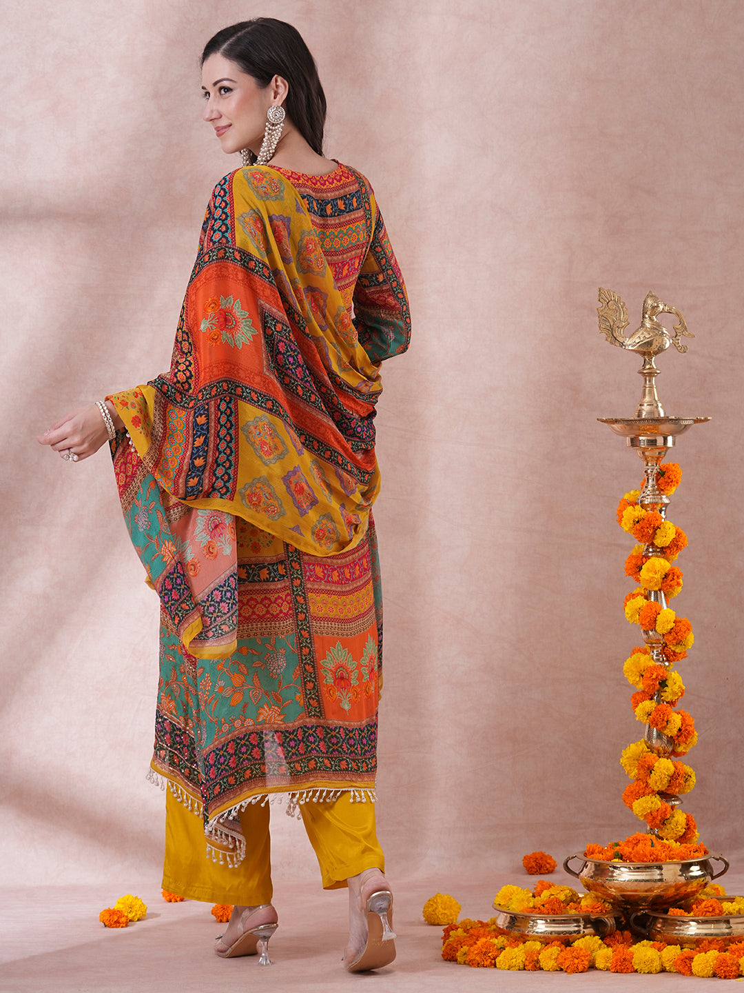 Ethnic Floral Printed & Embroidered A-Line Kurta with Palazzo & Dupatta - Multi