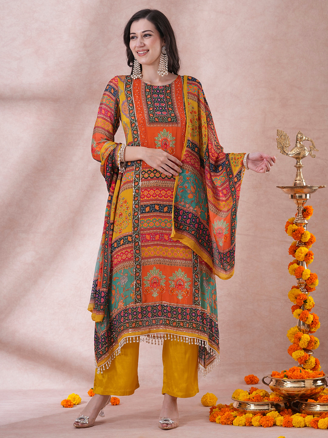 Ethnic Floral Printed & Embroidered A-Line Kurta with Palazzo & Dupatta - Multi