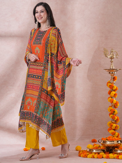 Ethnic Floral Printed & Embroidered A-Line Kurta with Palazzo & Dupatta - Multi